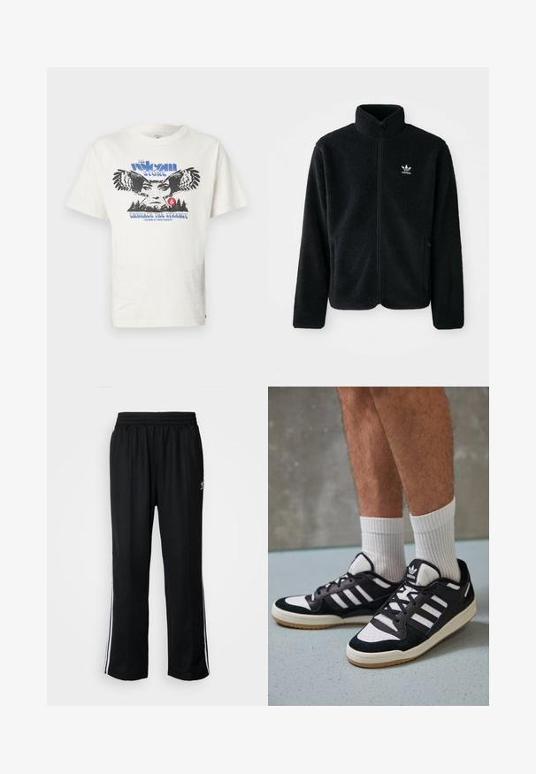 Black fleece jacket with high collar, zip front, and front pockets. Features textured fabric and small white logo on left chest.; White cotton t-shirt featuring a front graphic with an owl, text "The Volcom Stone" in blue, and "Embrace the Strange" in blue below.; Black athletic pants with an elastic waistband, featuring white side stripes and a small logo. Material appears soft and lightweight.; Black and white sneakers with a suede and leather upper, featuring three white stripes, a perforated toe, and a gum rubber sole.