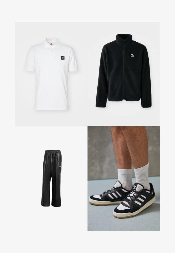 Svart fleecejacka med hög krage, blixtlås fram och framfickor. Har strukturtyg och en liten vit logotyp på vänster bröst.; Vit polo skjorta med krage, korta ärmar och en svart logotyp patch på vänster bröst; tillverkad av slät bomullsmaterial.; Svarta syntetiska löparbyxor med elastisk midja, prydda med vita sidosträck och en liten vit logotyp på vänster höft.; Svartvita sneakers med ovandel i mocka och läder, med tre vita ränder, perforerad tå och sula av gummigummi.