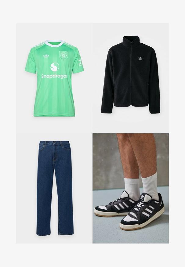 Svart fleecejakke med høy krage, glidelås foran og frontlommer. Har strukturert stoff og liten hvit logo på venstre bryst.; adidas Performance MANCHESTER UNITED 25/26 THIRD GOALKEEPER JERSEY - Klubbklær - semi screaming green; Mørkeblå rette jeans i denim med frontlommer og knappelukking, vist på en enkel hvit bakgrunn.; Sorte og hvite sneakers med overdel i semsket skinn og lær, med tre hvite striper, perforert tå og en såle av gummi.