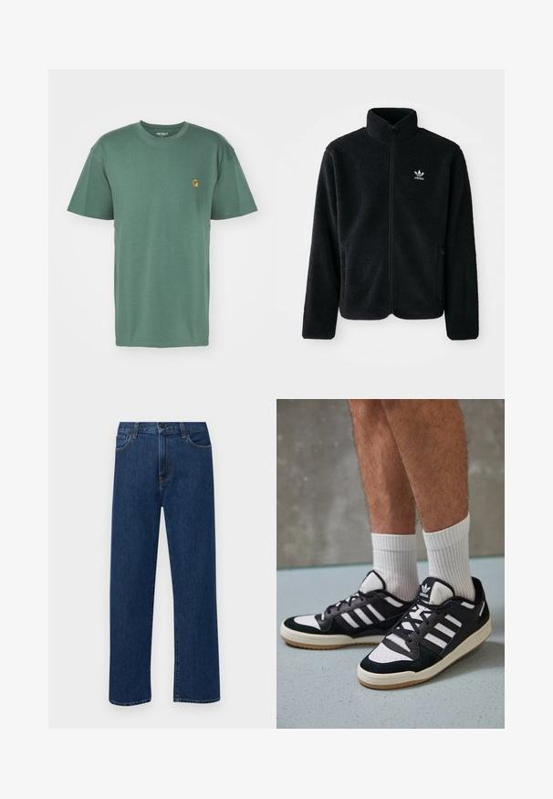 Czarna polarowa kurtka z wysokim kołnierzem, zamek z przodu i kieszeniami z przodu. Posiada teksturowany materiał i małe białe logo na lewej piersi.; Carhartt WIP CHASE ciemnozielony; Granatowe dżinsy prostego kroju z kieszeniami z przodu i zapięciem na guzik, zaprezentowane na jednolitym białym tle.; Czarno-białe sneakersy z zamszową i skórzaną cholewką, z trzema białymi paskami, perforowanym czubkiem i gumową podeszwą w kolorze gumy.