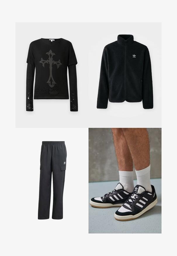 Melns flīsa mētelis ar augstu apkakli, ar rāvējslēdzēju priekšā un priekšējiem kabatām. Iezīmē ar teksturētu audumu un mazu baltu logo uz kreisā krūtīm.; Melna garām piedurknēm krekls ar īsām piedurknēm, kuram ir liels pelēks krusta dizains un nolietojuma akcents pie apakšmalas un piedurknēm.; Melni cargo bikses ar elastīgu jostasvietu, divām sānu kabatām un diskrētu logotipu kreisajā augšstilbā. Izgatavotas no viegla auduma.; Melnas un baltas kedas ar zamša un ādas augšdaļu, kas aprīkotas ar trim baltām svītrām, perforētu purngali un gumijas zolēm.