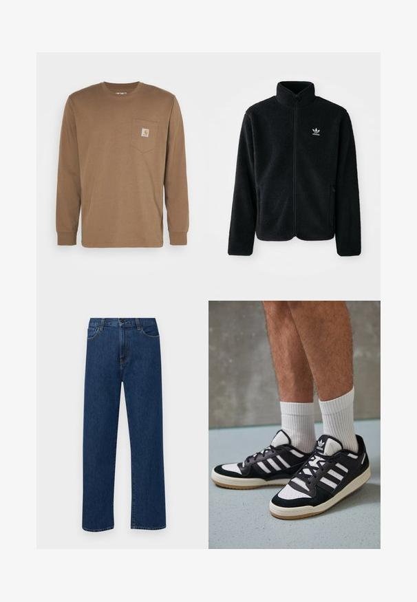 Musta fleece-takki, jossa on korkea kaulus, vetoketjusuljenta ja etutaskut. Käyttää teksturoitua kangasta ja siinä on pieni valkoinen logo vasemmassa rinnassa.; Ruskea pitkähiha T-paita, joka on valmistettu puuvillasta. Paidassa on rintatasku, jossa on neliölogo. Yksinkertainen muotoilu pyöreällä pääntiellä ja suora helma.; Tummansinisiä suoranlahkeisia farkkuja, joissa on etutaskut ja nappikiinnitys, esiteltynä yksinkertaisella valkoisella taustalla.; Valkoiset ja mustat tennarit, joissa on mokkanahka- ja nahkapäällinen, kolme valkoista raitaa, rei'itetty kärki ja kumipohja.