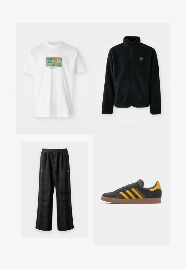 Black fleece jacket with high collar, zip front, and front pockets. Features textured fabric and small white logo on left chest.; White cotton t-shirt featuring a colorful, illustrated graphic of plants and fruits. Text below reads "CREAM OF THE CROP CARHARTT WIP 1989."; Black plaid pants featuring an elastic waistband, two front pockets, and a loose fit with a straight leg design. Made from lightweight material.; Black suede sneaker with yellow accents, featuring three stripes and a brown rubber sole. Includes a padded tongue for comfort.