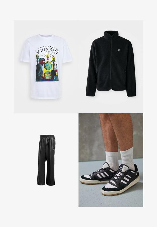 Casaco de fleece preto com gola alta, fecho de correr à frente e bolsos frontais. Apresenta um tecido texturizado e um pequeno logo branco no lado esquerdo do peito.; Volcom ELZO DURT - T-shirt estampada - white; Calças de treino sintéticas pretas com um cós elástico, apresentando riscas laterais brancas e um pequeno logótipo branco no quadril esquerdo.; Ténis em preto e branco com upper em camurça e couro, apresentando três riscas brancas, um toe perfurado e uma sola em borracha de goma.
