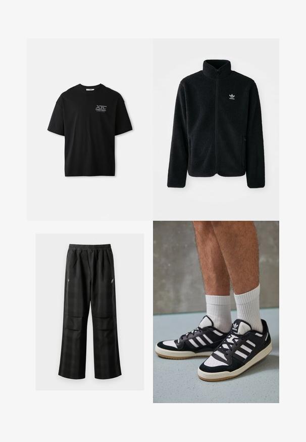 Černá fleecová bunda s vysokým límcem, předním zipem a předními kapsami. Disponuje strukturovanou tkaninou a malým bílým logem na levé hrudi.; Černé krátké bavlněné tričko s kulatým výstřihem a bílým logem "XTC VERTERE" na levé části hrudi. Hladká textura.; Černé kostkované kalhoty s elastickým pasem, dvěma předními kapsami a volným střihem se rovnými nohavicemi. Vyrobeny z lehkého materiálu.; Černobílé tenisky s vrchní částí z semišové a kožené kůže, včetně tří bílých pruhů, perforovaného špičky a podrážky z gumy.