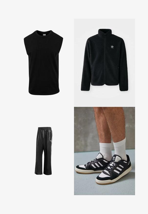 Svart fleecejacka med hög krage, blixtlås fram och framfickor. Har strukturtyg och en liten vit logotyp på vänster bröst.; Svart ärmlös t-shirt i bomull, med rund halsringning och en slät textur samt rak skärning. Inga synliga mönster.; Svarta syntetiska löparbyxor med elastisk midja, prydda med vita sidosträck och en liten vit logotyp på vänster höft.; Svartvita sneakers med ovandel i mocka och läder, med tre vita ränder, perforerad tå och sula av gummigummi.