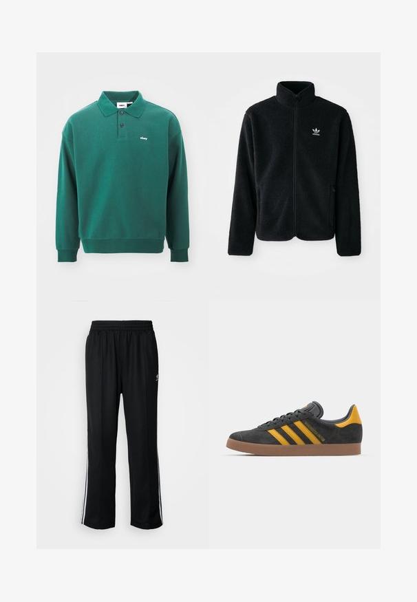 Must värviline fleecedee peasärk kõrge kraega, tõmblukuga esiosa ja esikotid. Omab tekstuuriga kangast ja väikest valget logo vasakul rinnal.; Obey Clothing LOWERCASE - Pikkade varrukatega topp - rain forest; Mustad mustad spordipüksid elastse vöökohaga, millel on valged küljeread ja väike logo. Materjal tundub pehme ja kerge.; Mustad sametist spordijalatsid kollaste aktsentidega, millel on kolm triipu ja pruun kummitald. Mugavuse tagamiseks on neil pehmendatud keele osa.