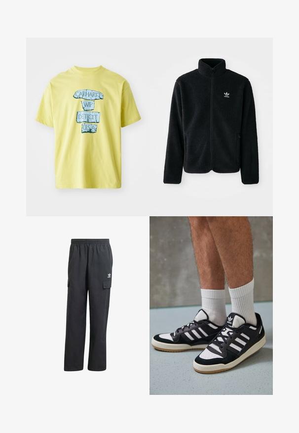Čierna fleecová bunda s vysokým golierom, zipsom na prednej strane a prednými vreckami. Obsahuje textúrovanú tkaninu a malé biele logo na ľavej hrudi.; Žlté bavlnené tričko s modrou grafickou potlačou a textom "CARHARTT WIP DETROIT U.S.A." v tučnom, opotrebovanom písmene. Okrúhly výstrih, krátke rukávy.; Čierne cargo nohavice s elastickým pásom, dvoma bočnými vreckami a decentným logom na ľavom stehne. Vyrobené z ľahkého materiálu.; Čierno-biele tenisky s vrchom z semišu a kože, s troma bielymi pruhmi, perforovanou špičkou a gumovou podrážkou.