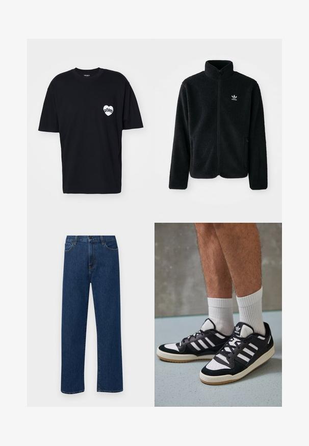 Sort fleecejakke med høj krave, lynlås foran og frontlommer. Har tekstureret stof og lille hvidt logo på venstre bryst.; Carhartt WIP AMOUR POCKET - T-shirts print - black/white; Mørkeblå denim jeans med lige ben-design, der har høj talje, frontlommer og kontrasterende gul syninger.; Sorte og hvide sneakers med en overdel i ruskind og læder, der har tre hvide striber, en perforeret tå og en sål i gummigummi.
