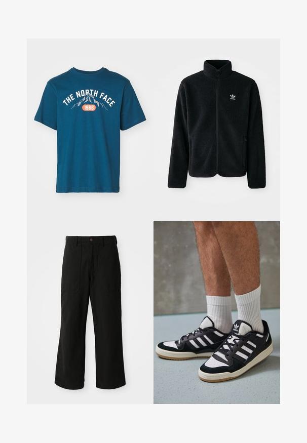 Musta fleece-takki, jossa on korkea kaulus, vetoketjusuljenta ja etutaskut. Käyttää teksturoitua kangasta ja siinä on pieni valkoinen logo vasemmassa rinnassa.; The North Face M VARSITY GRAPHIC RELAXED SS TEE - Printtipaita - midnight petrol; Mustat leveät housut pehmeästä kankaasta, joissa on etutaskut ja nappikiinnitys vyötäröllä. Minimalistinen muotoilu ilman näkyviä kuvioita.; Valkoiset ja mustat tennarit, joissa on mokkanahka- ja nahkapäällinen, kolme valkoista raitaa, rei'itetty kärki ja kumipohja.