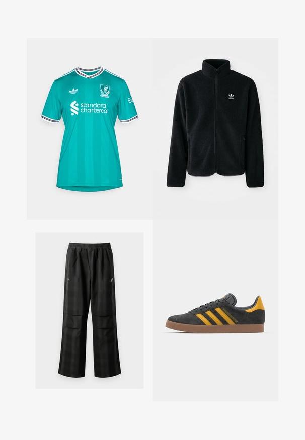 Juodas fliso džemperis su aukštu apykakle, užtrauktuku priekyje ir priekinėmis kišenėmis. Ypatybės: tekstūruota medžiaga ir mažas baltas logotipas kairėje krūtinės pusėje.; adidas Performance LIVERPOOL FC 25/26 THIRD JERSEY - Sporto klubų atributika - sea green; Juodos languotos kelnės su elastingu juosmeniu, dviem priekinėmis kišenėmis ir laisvu tiesiu kirpimu. Pagamintos iš lengvos medžiagos.; Juodas zomšinės sportbačiai su geltonais akcentais, turintys tris juosteles ir rudą gumos padą. Apima paminkštintą liežuvėlį patogumui.