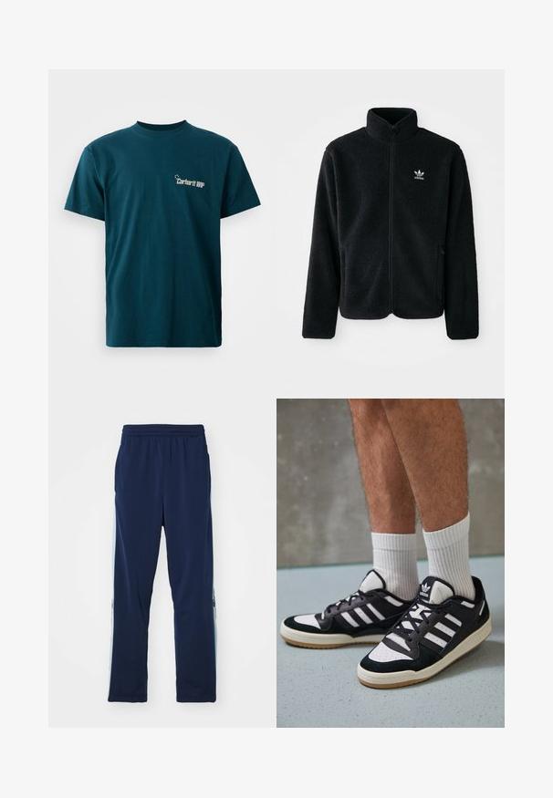 Black fleece jacket with high collar, zip front, and front pockets. Features textured fabric and small white logo on left chest.; Teal cotton t-shirt with short sleeves and a crew neck. Features a graphic print of "Carhartt WIP" on the front in white.; Navy track pants made of stretchy fabric, featuring a wide elastic waistband, straight cut, and light side panel accents with logos.; Black and white sneakers with a suede and leather upper, featuring three white stripes, a perforated toe, and a gum rubber sole.