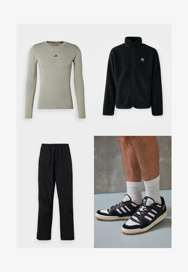 Čierna fleecová bunda s vysokým golierom, zipsom na prednej strane a prednými vreckami. Obsahuje textúrovanú tkaninu a malé biele logo na ľavej hrudi.; Dlhý rukáv športová košeľa v svetlozelenom materiáli. Má okrúhly výstrih, priliehavý strih a malé čierne logo na hrudi.; Čierne nylonové nohavice s elastickým pásom, s ľahkým textúrovaným povrchom a akcentmi na švoch pre moderný dizajn.; Čierno-biele tenisky s vrchom z semišu a kože, s troma bielymi pruhmi, perforovanou špičkou a gumovou podrážkou.
