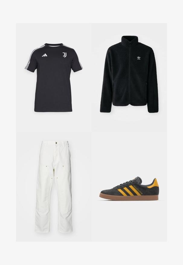 Casaco de fleece preto com gola alta, fecho de correr à frente e bolsos frontais. Apresenta um tecido texturizado e um pequeno logo branco no lado esquerdo do peito.; Camisa preta de mangas curtas feita de uma mistura de algodão, com logotipo da Adidas em branco e o emblema da Juventus no peito, com listras brancas nas laterais.; Calças cargo brancas em algodão com um corte descontraído. As características incluem bolsos frontais, detalhes em metal dourado e áreas de joelhos reforçadas.; Tenis em camurça preta com detalhes amarelos, apresentando três riscas e uma sola de borracha castanha. Inclui uma língua acolchoada para maior conforto.