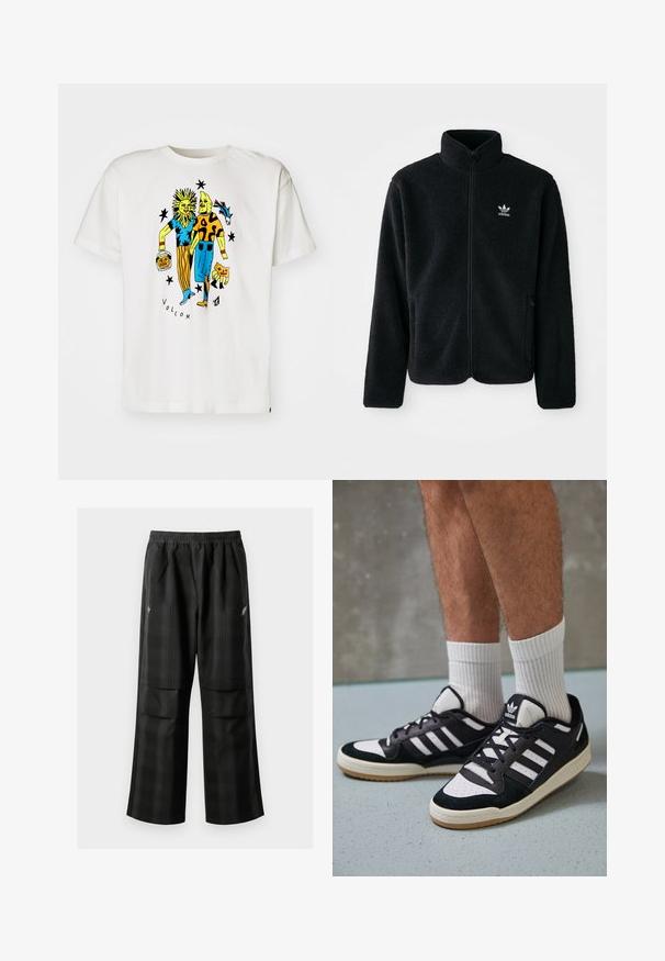 Juodas fliso džemperis su aukštu apykakle, užtrauktuku priekyje ir priekinėmis kišenėmis. Ypatybės: tekstūruota medžiaga ir mažas baltas logotipas kairėje krūtinės pusėje.; Balta medvilninė marškinėliai su spalvinga grafika, vaizduojančia du figūras: viena su saulės motyvu, o kita su dėmėtu raštu, su užrašu "VOLCOM".; Juodos languotos kelnės su elastingu juosmeniu, dviem priekinėmis kišenėmis ir laisvu tiesiu kirpimu. Pagamintos iš lengvos medžiagos.; Juodos ir baltos sportinės bateliai su zomšiniu ir odiniu viršumi, su trimis baltomis juostelėmis, perforuota koja ir guminėmis padais.