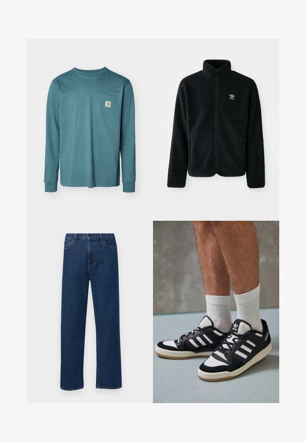 Fekete bolyhos dzseki magas gallérral, cipzáros elejével és elülső zsebeivel. Texturált anyaga és kis fehér logója van a bal mellen.; Hosszú ujjú teal színű pamut póló. Kerek nyakkivágással, egyenes aljjal és egy logós zsebbel rendelkezik a mellrészen.; Sötétkék, egyenes szárú farmernadrág, elülső zsebekkel és gombos záródással, sima fehér háttéren bemutatva.; Fekete-fehér tornacipők velúr és bőr felsőrésszel, három fehér csíkkal, perforált orral és gumi talppal.