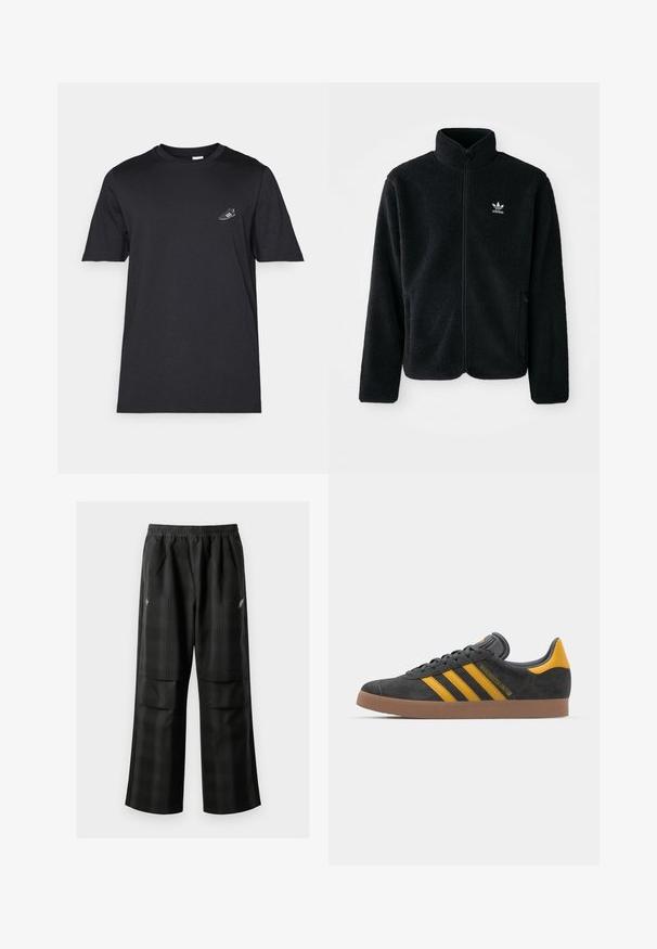 Fekete bolyhos dzseki magas gallérral, cipzáros elejével és elülső zsebeivel. Texturált anyaga és kis fehér logója van a bal mellen.; Fekete pamut póló kerek nyakkal, rövid ujjakkal és egy apró fehér sneaker grafikával a bal mellen. Puha tapintású, normál szabású.; Fekete kockás nadrág, rugalmas derékkal, két elülső zsebbel és laza, egyenes szárú fazonnal. Könnyű anyagból készült.; Fekete velúrbőr sportcipő sárga díszítéssel, három csíkkal és barna gumitalppal. Párnázott nyelvével a kényelem érdekében.