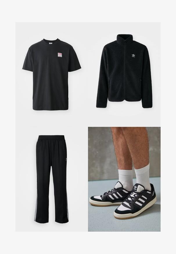 Casaco de fleece preto com gola alta, fecho de correr à frente e bolsos frontais. Apresenta um tecido texturizado e um pequeno logo branco no lado esquerdo do peito.; T-shirt de algodão preto com decote redondo, mangas curtas e uma pequena etiqueta colorida no lado esquerdo do peito com a palavra "SUPERIOR."; Calças atléticas pretas com um cós elástico, apresentando riscas brancas laterais e um pequeno logótipo. O material parece macio e leve.; Ténis em preto e branco com upper em camurça e couro, apresentando três riscas brancas, um toe perfurado e uma sola em borracha de goma.
