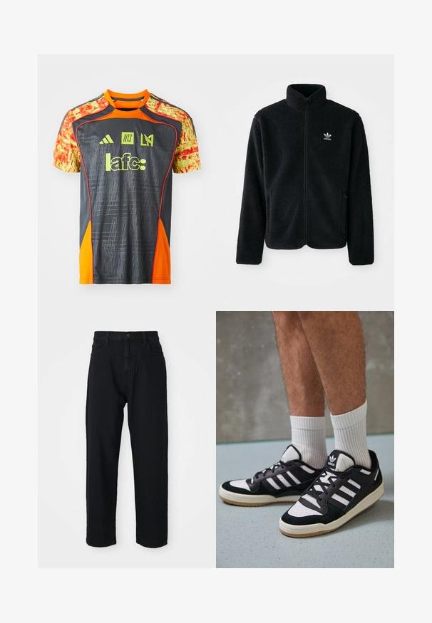 Juodas fliso džemperis su aukštu apykakle, užtrauktuku priekyje ir priekinėmis kišenėmis. Ypatybės: tekstūruota medžiaga ir mažas baltas logotipas kairėje krūtinės pusėje.; Pilkas sportinis marškinėliai su ryškiai oranžinėmis detalėmis ir raštuotomis geltonomis rankovėmis. Yra logotipų ir teksto ryškiai žalios spalvos. Lengvas audinys.; Juodos džinsinės kelnes su tiesiapjūviu. Yra klasikinis penkių kišenių dizainas, mygtukų užsegimas ir subtili audinio tekstūra.; Juodos ir baltos sportinės bateliai su zomšiniu ir odiniu viršumi, su trimis baltomis juostelėmis, perforuota koja ir guminėmis padais.