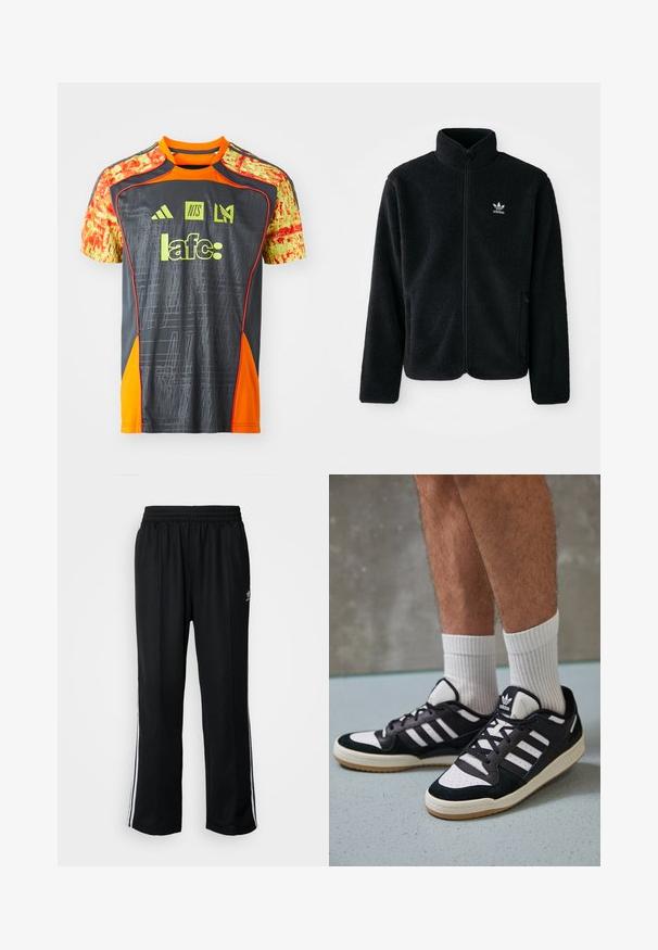 Veste en polaire noire avec col haut, fermeture éclair à l'avant et poches перед тобой. Présente un tissu texturé et un petit logo blanc sur la poitrine gauche.; T-shirt de sport gris avec des accents orange vif et des manches jaunes à motifs. Comprend des logos et du texte en vert vif. Tissu léger.; Pantalons de sport noirs avec une taille élastique, ornés de rayures blanches sur les côtés et d'un petit logo. Le matériau semble doux et léger.; Baskets noir et blanc avec une tige en suède et cuir, comportant trois rayures blanches, un bout perforé et une semelle en caoutchouc gum.