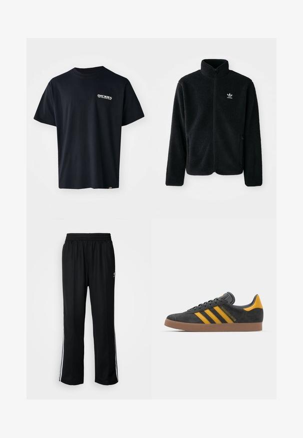 Casaco de fleece preto com gola alta, fecho de correr à frente e bolsos frontais. Apresenta um tecido texturizado e um pequeno logo branco no lado esquerdo do peito.; T-shirt preta de manga curta, feita de algodão, com um logótipo gráfico em texto branco no lado esquerdo do peito, com um corte reto e uma etiqueta na lateral.; Calças atléticas pretas com um cós elástico, apresentando riscas brancas laterais e um pequeno logótipo. O material parece macio e leve.; Tenis em camurça preta com detalhes amarelos, apresentando três riscas e uma sola de borracha castanha. Inclui uma língua acolchoada para maior conforto.