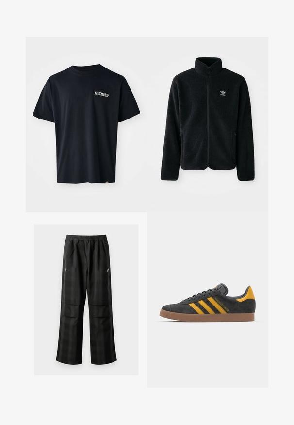 Svart fleecejakke med høy krage, glidelås foran og frontlommer. Har strukturert stoff og liten hvit logo på venstre bryst.; Svart T-skjorte med korte ermer laget av bomull, med en hvit grafisk tekstlogo på venstre bryst, rett kutt og et merke på siden.; Svarte rutete bukser med elastisk midje, to frontlommer og løs passform med rett ben-design. Laget av lett materiale.; Sort skinnesko i svart semsket skinn med gule detaljer, med tre striper og en brun gummisåle. Inkluderer en polstret tunge for komfort.