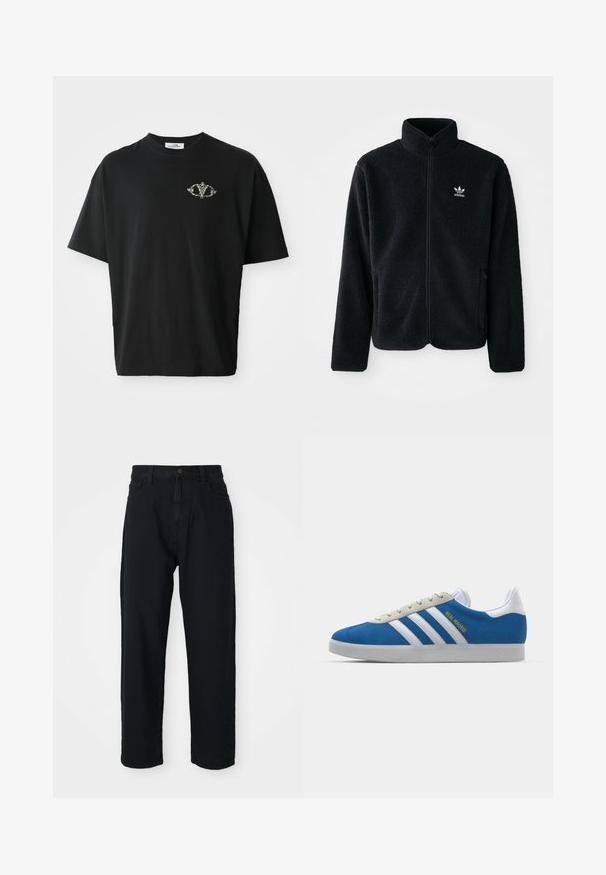 Casaco de fleece preto com gola alta, fecho de correr à frente e bolsos frontais. Apresenta um tecido texturizado e um pequeno logo branco no lado esquerdo do peito.; T-shirt de algodão preta com um corte solto, apresentando um pequeno design decorativo em cinza no peito. Mangas curtas e gola redonda.; Calças de ganga pretas com corte reto. Apresentam um design clássico de cinco bolsos, fecho com botão e uma textura de tecido subtil.; adidas Originals ADIDAS GAZELLE SHOES - Botas de futebol de salão - real madrid/bluebird/footwear white/crew yellow