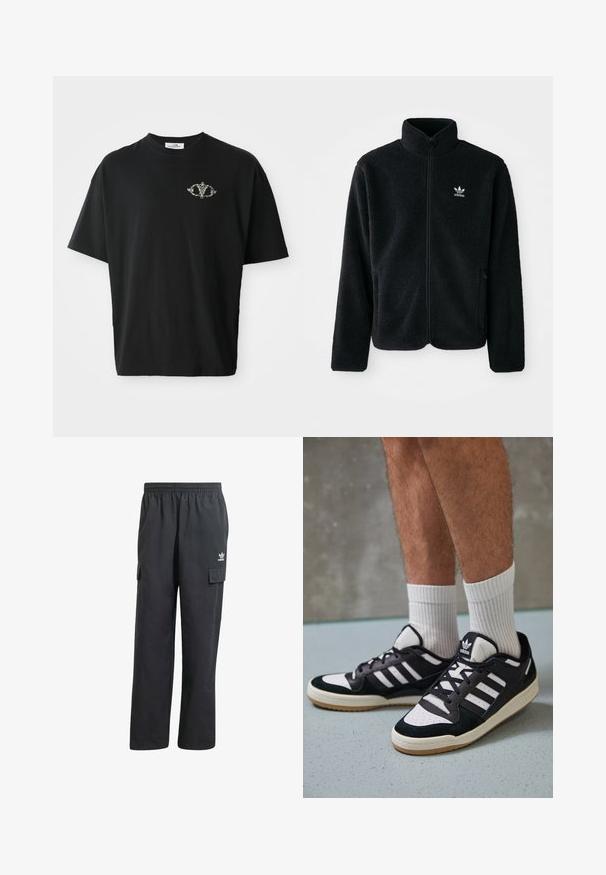 Must värviline fleecedee peasärk kõrge kraega, tõmblukuga esiosa ja esikotid. Omab tekstuuriga kangast ja väikest valget logo vasakul rinnal.; Must must shirt, mille lahtise lõikega, väikese halli dekoratiivse kujundusega rinnal. Lühikesed varrukad ja ümar kaelus.; Mustad mustreebiga mustad cargo püksid elastse vöökaarega, kahe külge taskuga ja diskreetse logoga vasakul reitel. Valmistatud kergest kangast.; Mustvalged ja valged spordijalatsid, mille pealmine osa on valmistatud suede'ist ja nahast. Kingadel on kolm valget riba, auguline varvas ja kummist tald.