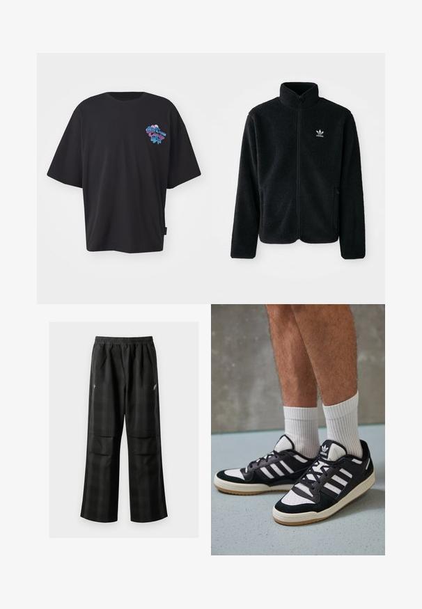 Juodas fliso džemperis su aukštu apykakle, užtrauktuku priekyje ir priekinėmis kišenėmis. Ypatybės: tekstūruota medžiaga ir mažas baltas logotipas kairėje krūtinės pusėje.; Alpha Industries CANDY CREW - Marškinėliai su spaudiniu - black; Juodos languotos kelnės su elastingu juosmeniu, dviem priekinėmis kišenėmis ir laisvu tiesiu kirpimu. Pagamintos iš lengvos medžiagos.; Juodos ir baltos sportinės bateliai su zomšiniu ir odiniu viršumi, su trimis baltomis juostelėmis, perforuota koja ir guminėmis padais.