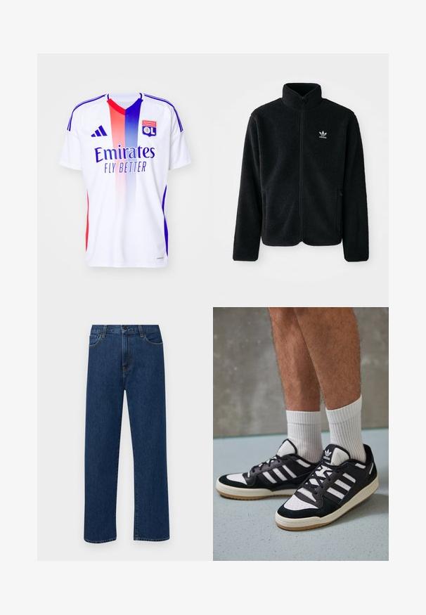 Crna fleec jakna s visokim ovratnikom, prednjim zatvaračem i prednjim džepovima. Ima teksturirani materijal i mali bijeli logo na lijevoj strani prsnog koša.; Bijela atletska majica s gradijentnim crvenim i plavim prugama, s logotipom "Emirates" i grbom "OL", izrađena od mekanog, laganog materijala.; Tamno plave traperice ravnog kroja s prednjim džepovima i kopčanjem na dugme, prikazane na jednostavnoj bijeloj pozadini.; Crne i bijele tenisice s gornjim dijelom od antilopa i kože, s tri bijele pruge, perforiranim prstom i gumiranim potplatom.