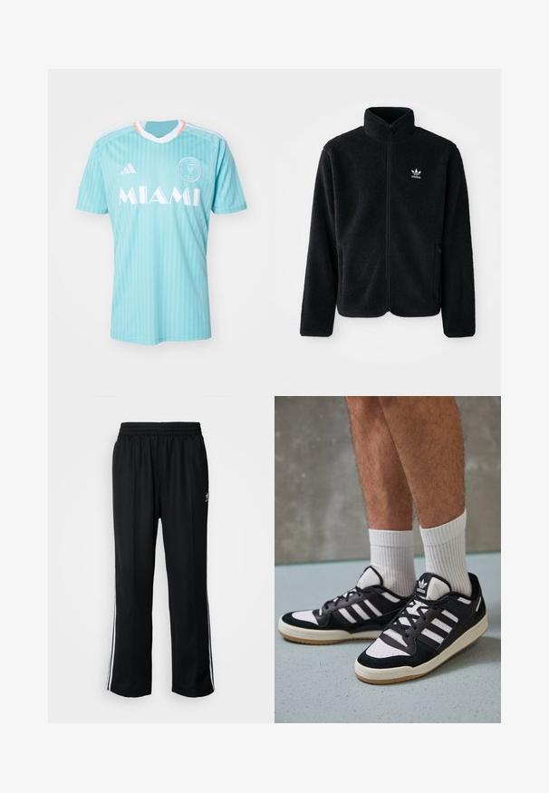 Černá fleecová bunda s vysokým límcem, předním zipem a předními kapsami. Disponuje strukturovanou tkaninou a malým bílým logem na levé hrudi.; adidas Performance INTER MIAMI CF 3RD JERSEY - Klubové oblečení - easy mint; Černé sportovní kalhoty s elastickým pasem, s bílými bočními pruhy a malým logem. Materiál vypadá měkce a lehce.; Černobílé tenisky s vrchní částí z semišové a kožené kůže, včetně tří bílých pruhů, perforovaného špičky a podrážky z gumy.