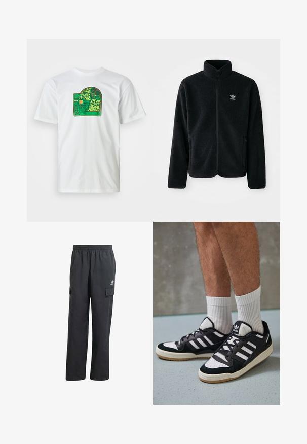 Casaco de fleece preto com gola alta, fecho de correr à frente e bolsos frontais. Apresenta um tecido texturizado e um pequeno logo branco no lado esquerdo do peito.; T-shirt de algodão branca com uma ilustração de placa de circuito verde, apresentando padrões intrincados, acentos vermelhos e um elemento de design em camadas.; Calças cargo pretas com um cós elástico, dois bolsos laterais e um logótipo subtil na coxa esquerda. Feitas de um tecido leve.; Ténis em preto e branco com upper em camurça e couro, apresentando três riscas brancas, um toe perfurado e uma sola em borracha de goma.