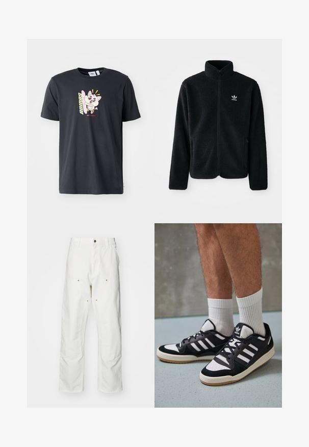 Juodas fliso džemperis su aukštu apykakle, užtrauktuku priekyje ir priekinėmis kišenėmis. Ypatybės: tekstūruota medžiaga ir mažas baltas logotipas kairėje krūtinės pusėje.; Juodas medvilninis marškinėlis su spalvinga animacinio personažo grafika, turinčio dideles akis ir riedlentę, prieš paprastą foną.; Balti medvilniniai kargo džinsai su laisvu siluetu. Ypatybės apima priekines kišenes, auksinius apdailos elementus ir sustiprintas kelio dalis.; Juodos ir baltos sportinės bateliai su zomšiniu ir odiniu viršumi, su trimis baltomis juostelėmis, perforuota koja ir guminėmis padais.