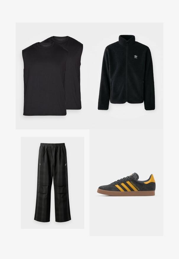 Black fleece jacket with high collar, zip front, and front pockets. Features textured fabric and small white logo on left chest.; Black sleeveless t-shirts displayed in pairs, made of smooth fabric. Rounded neckline and clean edges with no visible patterns or hardware.; Black plaid pants featuring an elastic waistband, two front pockets, and a loose fit with a straight leg design. Made from lightweight material.; Black suede sneaker with yellow accents, featuring three stripes and a brown rubber sole. Includes a padded tongue for comfort.