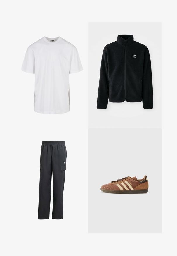 Sort fleecejakke med høj krave, lynlås foran og frontlommer. Har tekstureret stof og lille hvidt logo på venstre bryst.; Hvid bomulds T-shirt med rund halsudskæring og korte ærmer. Designet er enkelt uden mønstre eller accenter.; Sorte cargo-bukser med elastisk talje, to sidelommer og et diskret logo på venstre lår. Fremstillet af et let materiale.; adidas Originals SAMBA UNISEX - Sneakers - preloved brown/sand strata/dark brown