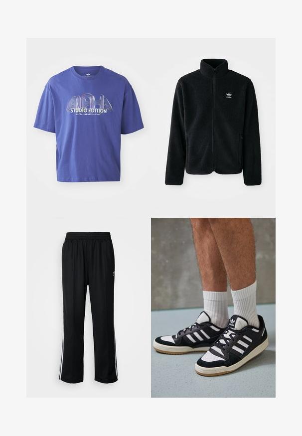 Must värviline fleecedee peasärk kõrge kraega, tõmblukuga esiosa ja esikotid. Omab tekstuuriga kangast ja väikest valget logo vasakul rinnal.; Lilla puuvillane T-särk, millel on lõdvestunud istuvus, ümmargune kaelus ja graafiline trükk, mis sisaldab julgeid tähti "ALPHA STUDIO EDITION".; Mustad mustad spordipüksid elastse vöökohaga, millel on valged küljeread ja väike logo. Materjal tundub pehme ja kerge.; Mustvalged ja valged spordijalatsid, mille pealmine osa on valmistatud suede'ist ja nahast. Kingadel on kolm valget riba, auguline varvas ja kummist tald.
