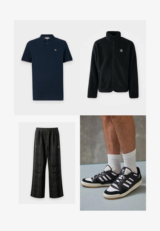 Must värviline fleecedee peasärk kõrge kraega, tõmblukuga esiosa ja esikotid. Omab tekstuuriga kangast ja väikest valget logo vasakul rinnal.; Tumesinine polo-särk puuvilla segust, millel on kolme nupuga kinnitis, lühikesed varrukad ja kontrastne ääris krae ja varrukate juures.; Mustas ruudulised püksid, millel on elastne vöökoht, kaks esimest taskut ja laiem lõige sirge jala disainiga. Valmistatud kergest materjalist.; Mustvalged ja valged spordijalatsid, mille pealmine osa on valmistatud suede'ist ja nahast. Kingadel on kolm valget riba, auguline varvas ja kummist tald.