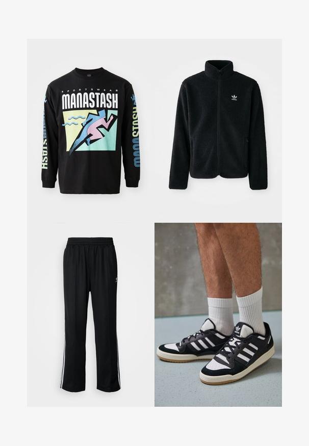 Black fleece jacket with high collar, zip front, and front pockets. Features textured fabric and small white logo on left chest.; Black long-sleeve t-shirt featuring a graphic design with a runner in pink, geometric shapes, and text in white and blue, made of cotton.; Black athletic pants with an elastic waistband, featuring white side stripes and a small logo. Material appears soft and lightweight.; Black and white sneakers with a suede and leather upper, featuring three white stripes, a perforated toe, and a gum rubber sole.