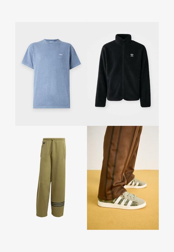 Černá fleecová bunda s vysokým límcem, předním zipem a předními kapsami. Disponuje strukturovanou tkaninou a malým bílým logem na levé hrudi.; Světle modré bavlněné tričko s kulatým výstřihem, krátkými rukávy a malým bílým logem "obey" na levé straně hrudi. Hladký povrch.; Olivově zelené tepláky vyrobené z měkkého materiálu, s dvěma bočními kapsami a černým designem tří pruhů na lemu. Pas na stažení.; Zelené maskáčové tenisky s bílými pruhy, texturovaná látka a gumová podrážka, doplněné o hnědé sportovní kalhoty s tmavými bočními pruhy.
