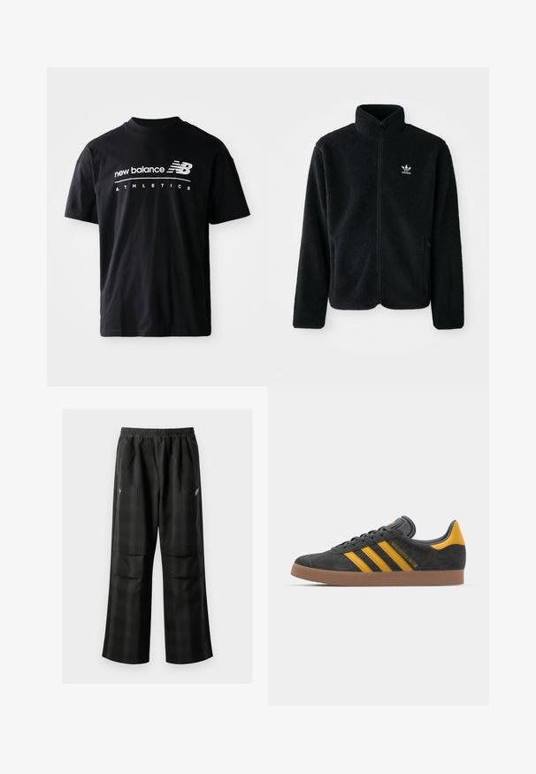Svart fleecejakke med høy krage, glidelås foran og frontlommer. Har strukturert stoff og liten hvit logo på venstre bryst.; Svart bomull T-skjorte med rund hals, korte ermer og hvite tekstgrafikker "new balance" og "ATHLETICS" på fronten.; Svarte rutete bukser med elastisk midje, to frontlommer og løs passform med rett ben-design. Laget av lett materiale.; Sort skinnesko i svart semsket skinn med gule detaljer, med tre striper og en brun gummisåle. Inkluderer en polstret tunge for komfort.