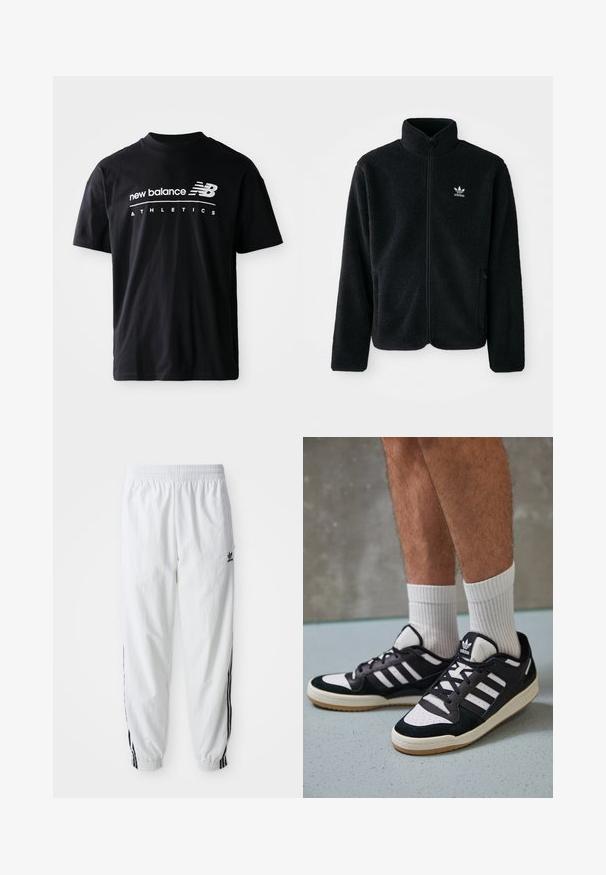Must värviline fleecedee peasärk kõrge kraega, tõmblukuga esiosa ja esikotid. Omab tekstuuriga kangast ja väikest valget logo vasakul rinnal.; Mustalane T-särk, millel on ringkaelus, lühikesed varrukad ja valged tekstigraafika "new balance" ning "ATHLETICS" ees.; Valged sportlikud püksid mustade küljeribadega, elastne vöökoht ja sääreotsad; vasakul reiel Adidas logo. Sile kangatekstuur.; Mustvalged ja valged spordijalatsid, mille pealmine osa on valmistatud suede'ist ja nahast. Kingadel on kolm valget riba, auguline varvas ja kummist tald.