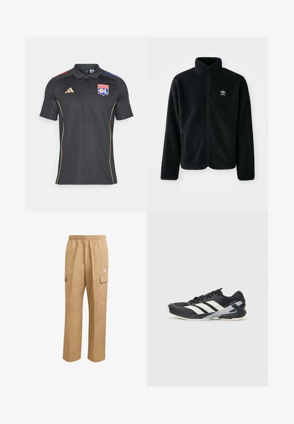 Černá fleecová bunda s vysokým límcem, předním zipem a předními kapsami. Disponuje strukturovanou tkaninou a malým bílým logem na levé hrudi.; Černé polo tričko vyrobené z texturované tkaniny, s límečkem, zlatými prvky a barevnými pruhy v červené a modré na ramenou. Obsahuje logo.; Světle hnědé cargo kalhoty s elastickým pasem, dvěma postranními kapsami a malým bílým logem na horní levé stehně. Hladká textura.; Černá sportovní obuv s bílými pruhy, síťovaným svrškem, zaoblenou špičkou a polstrovanou podrážkou. Obsahuje texturovanou patu a bezpečný systém šněrování.