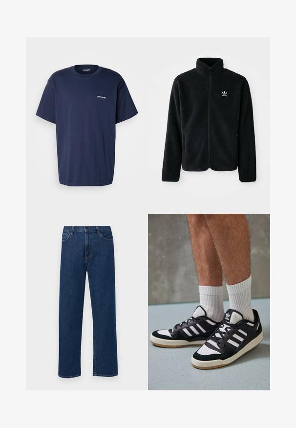 Jachetă din fleece neagră cu guler înalt, fermoar pe față și buzunare frontale. Caracteristici ale materialului texturat și un mic logo alb pe pieptul stâng.; Carhartt WIP SCRIPT EMBROIDERY - Tricou basic - air force blue/white; Jeans din denim drept, cu culoare albastru închis, cu buzunare frontale și închidere cu nasture, expuși pe un fundal alb simplu.; Adidași negri și albi cu un superior din suede și piele, prevăzuți cu trei dungi albe, un vârf perforat și o talpă din cauciuc caramel.