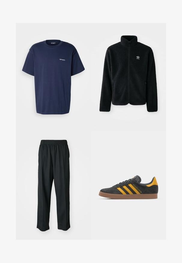 Crna fleec jakna s visokim ovratnikom, prednjim zatvaračem i prednjim džepovima. Ima teksturirani materijal i mali bijeli logo na lijevoj strani prsnog koša.; Carhartt WIP SCRIPT EMBROIDERY - Osnovna majica kratkih rukava - air force blue/white; Crne atletske hlače s elastičnim pojasom, izrađene od glatkog materijala, s diskretnim bočnim šavovima i opuštenim krojem, ravne nogavice.; Crne nubuk tenisice s žutim detaljima, sa tri pruge i smešnim gumenim potplatom. Imaju jastučić na jeziku za udobnost.