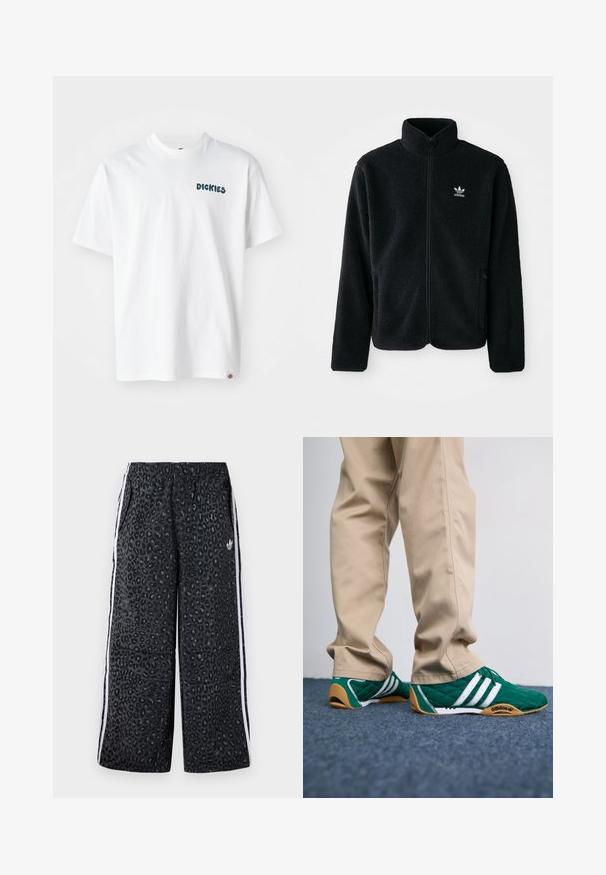 Must värviline fleecedee peasärk kõrge kraega, tõmblukuga esiosa ja esikotid. Omab tekstuuriga kangast ja väikest valget logo vasakul rinnal.; Valge puuvillane T-särk lühikeste varrukatega, mille esiküljel on rohelise teksti "DICKIES". Sirge lõikega ja väike logotag peenisel.; adidas Originals GRAPHIC UNISEX - Dresside alumine osa - black; Roheline tikandiga spordijalats, millel on valged triibud ja pruun kummitald, koos beežide pükstega. Disainil on madal profiil ja tekstureeritud materjal.