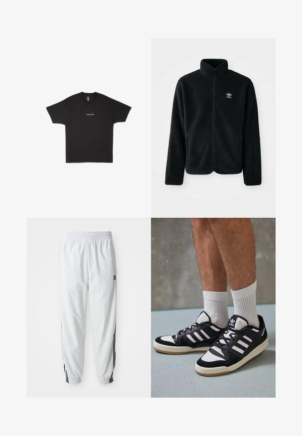 Musta fleece-takki, jossa on korkea kaulus, vetoketjusuljenta ja etutaskut. Käyttää teksturoitua kangasta ja siinä on pieni valkoinen logo vasemmassa rinnassa.; Mustat puuvillapaita, jossa on pyöreä kaula-aukko ja lyhyet hihat, etuosassa pieni valkoinen "VOLCOM" logo.; Valkoiset urheiluhousut, joissa on mustat sivupainatukset, joustava vyötärö ja hihnat; vasemmassa reidessä Adidas-logo. Suora kangastyyppi.; Valkoiset ja mustat tennarit, joissa on mokkanahka- ja nahkapäällinen, kolme valkoista raitaa, rei'itetty kärki ja kumipohja.