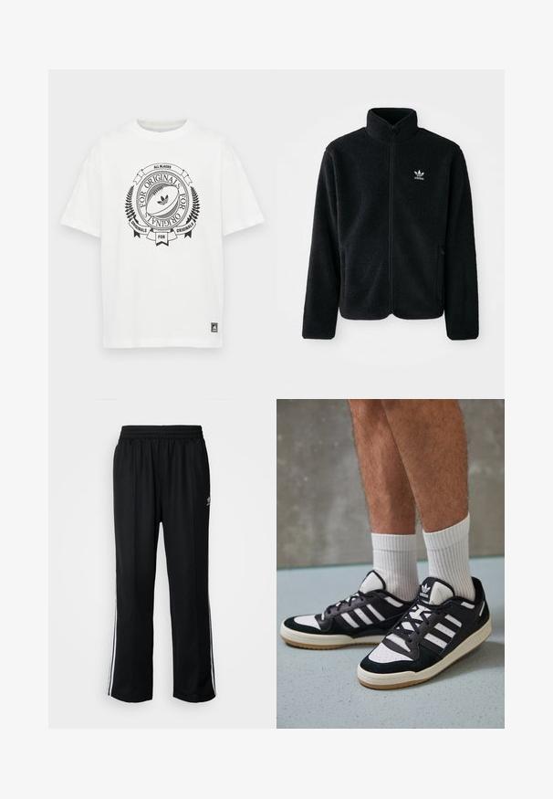 Juodas fliso džemperis su aukštu apykakle, užtrauktuku priekyje ir priekinėmis kišenėmis. Ypatybės: tekstūruota medžiaga ir mažas baltas logotipas kairėje krūtinės pusėje.; Balta medvilnės marškinėliai su apvalia kaklo iškirpte ir trumpomis rankovėmis. Puošti juodu grafiniu dizainu, įskaitant regbio kamuolį ir tekstą.; Juodi sportiniai keliai su elastingu juosmeniu, su baltais šonais ir mažu logotipu. Atrodo, kad medžiaga yra minkšta ir lengva.; Juodos ir baltos sportinės bateliai su zomšiniu ir odiniu viršumi, su trimis baltomis juostelėmis, perforuota koja ir guminėmis padais.