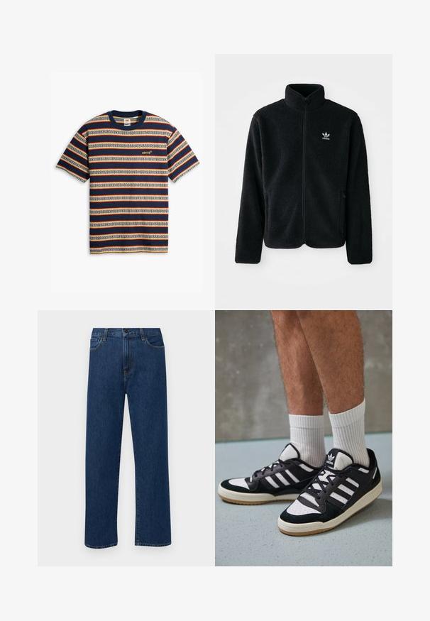 Black fleece jacket with high collar, zip front, and front pockets. Features textured fabric and small white logo on left chest.; Striped short-sleeve T-shirt in navy, cream, and red; features geometric pattern, crew neck, and embroidered yellow logo on chest.; Dark blue straight-leg denim jeans with front pockets and a button closure, displayed on a plain white background.; Black and white sneakers with a suede and leather upper, featuring three white stripes, a perforated toe, and a gum rubber sole.