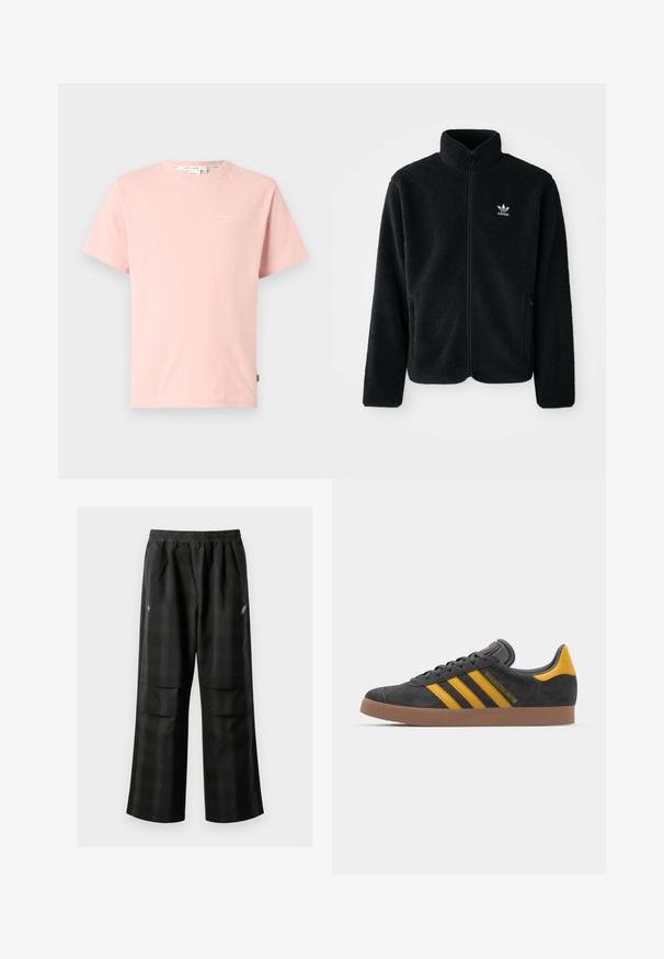 Juodas fliso džemperis su aukštu apykakle, užtrauktuku priekyje ir priekinėmis kišenėmis. Ypatybės: tekstūruota medžiaga ir mažas baltas logotipas kairėje krūtinės pusėje.; Rožinė medvilninė marškinė su apvalia iškirpte, trumpomis rankovėmis ir mažu baltu logotipu kairiajame krūtinės srityje. Minkšta tekstūra ir paprastas dizainas.; Juodos languotos kelnės su elastingu juosmeniu, dviem priekinėmis kišenėmis ir laisvu tiesiu kirpimu. Pagamintos iš lengvos medžiagos.; Juodas zomšinės sportbačiai su geltonais akcentais, turintys tris juosteles ir rudą gumos padą. Apima paminkštintą liežuvėlį patogumui.