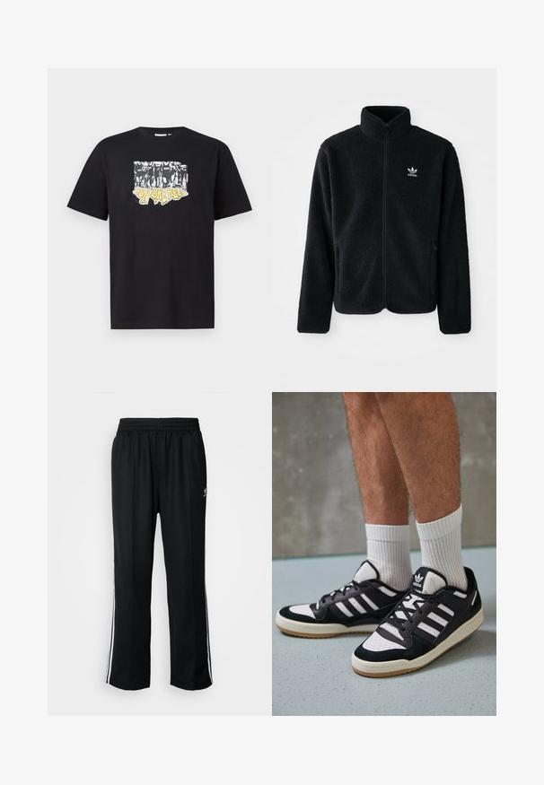 Casaco de fleece preto com gola alta, fecho de correr à frente e bolsos frontais. Apresenta um tecido texturizado e um pequeno logo branco no lado esquerdo do peito.; T-shirt preta de algodão com uma impressão gráfica em branco e amarelo com o texto "IRON LIKE HELL" e um design de silhuetas.; Calças atléticas pretas com um cós elástico, apresentando riscas brancas laterais e um pequeno logótipo. O material parece macio e leve.; Ténis em preto e branco com upper em camurça e couro, apresentando três riscas brancas, um toe perfurado e uma sola em borracha de goma.